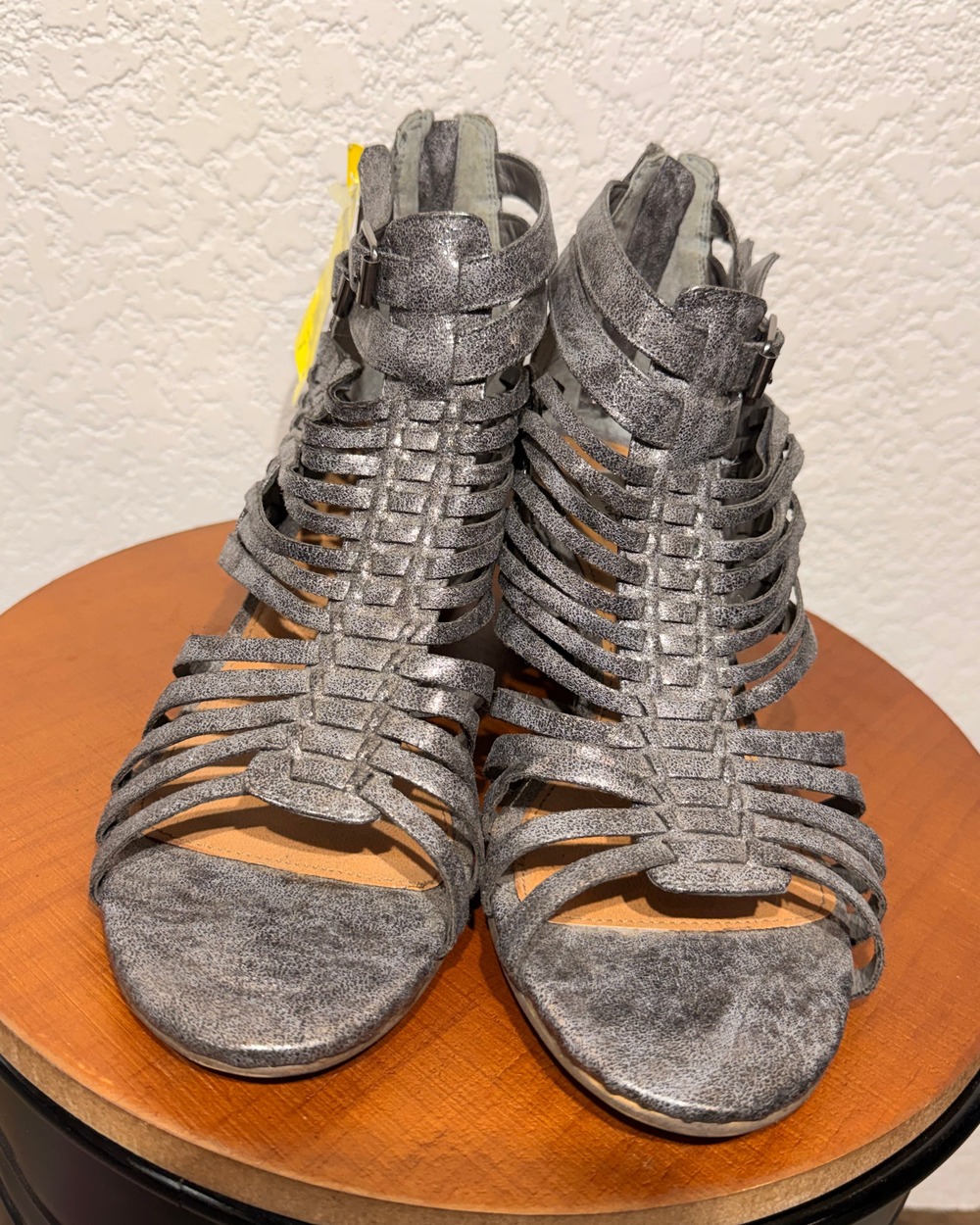 Not Rated Ofanto Metallic Grey Caged Gladiator Block Heel Sandals Size 9.5